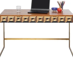 Hot KARE Design Biurko z 2 szufladami fornir orzechowy nogi złote stalowe 120x59 cm front efekt 3D - KARE