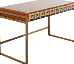 Hot KARE Design Biurko z 2 szufladami fornir orzechowy nogi złote stalowe 120x59 cm front efekt 3D - KARE