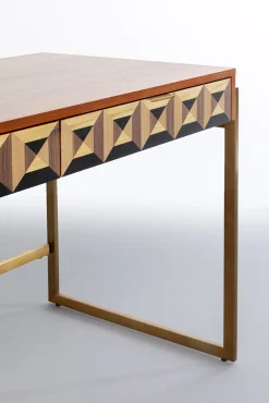 Hot KARE Design Biurko z 2 szufladami fornir orzechowy nogi złote stalowe 120x59 cm front efekt 3D - KARE