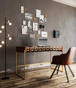 Hot KARE Design Biurko z 2 szufladami fornir orzechowy nogi złote stalowe 120x59 cm front efekt 3D - KARE