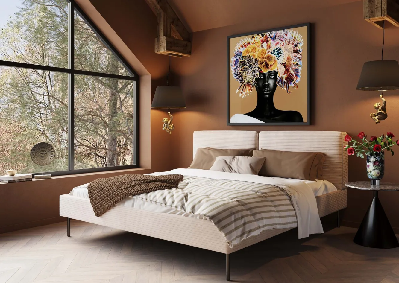 Discount KARE Design Łóżko podwójne z zagłówkiem kremowe nogi czarne 180x200 cm - KARE