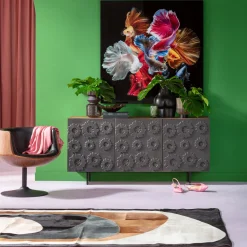 Fashion KARE Design Komoda 3-drzwiowa do salonu drewno mango front czarny motyw kwiatowy 160x75 cm - KARE