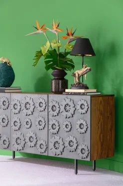 Fashion KARE Design Komoda 3-drzwiowa do salonu drewno mango front czarny motyw kwiatowy 160x75 cm - KARE