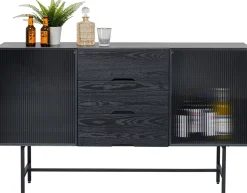 Hot KARE Design Komoda loft z 3 szufladami czarna stalowa front szkło ryflowane i MDF 150x90 cm - KARE