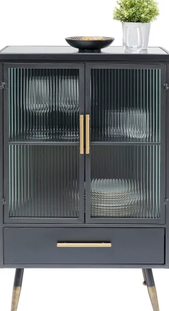 New KARE Design Komoda metalowa czarna grafitowa z przeszklonymi frontami złotymi uchwytami metalowymi nogami 65x38 cm - KARE