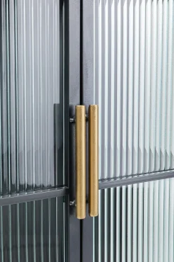 New KARE Design Komoda metalowa czarna grafitowa z przeszklonymi frontami złotymi uchwytami metalowymi nogami 65x38 cm - KARE