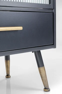 New KARE Design Komoda metalowa czarna grafitowa z przeszklonymi frontami złotymi uchwytami metalowymi nogami 65x38 cm - KARE