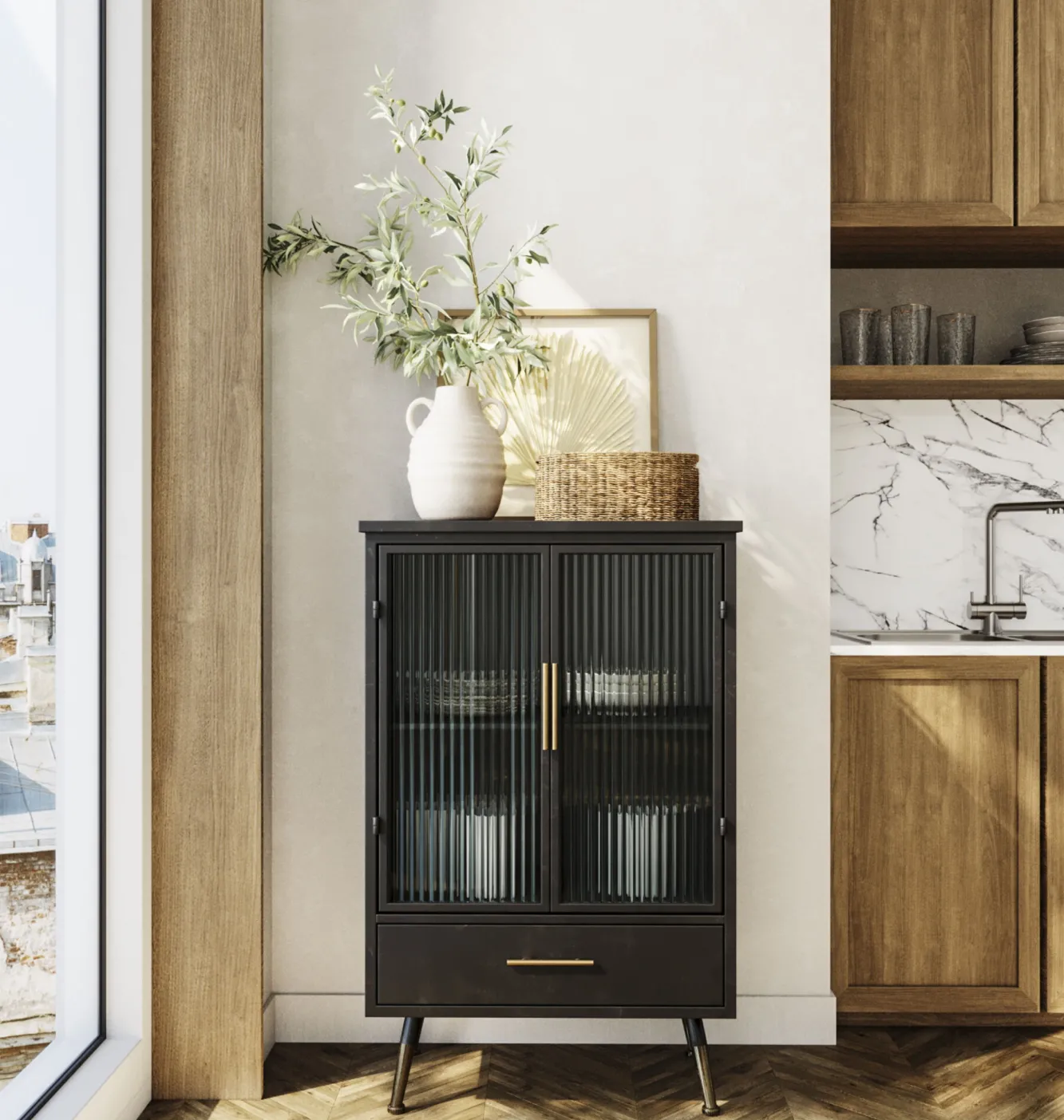 New KARE Design Komoda metalowa czarna grafitowa z przeszklonymi frontami złotymi uchwytami metalowymi nogami 65x38 cm - KARE