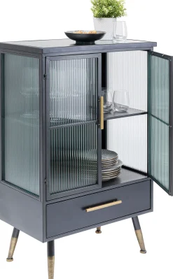 New KARE Design Komoda metalowa czarna grafitowa z przeszklonymi frontami złotymi uchwytami metalowymi nogami 65x38 cm - KARE