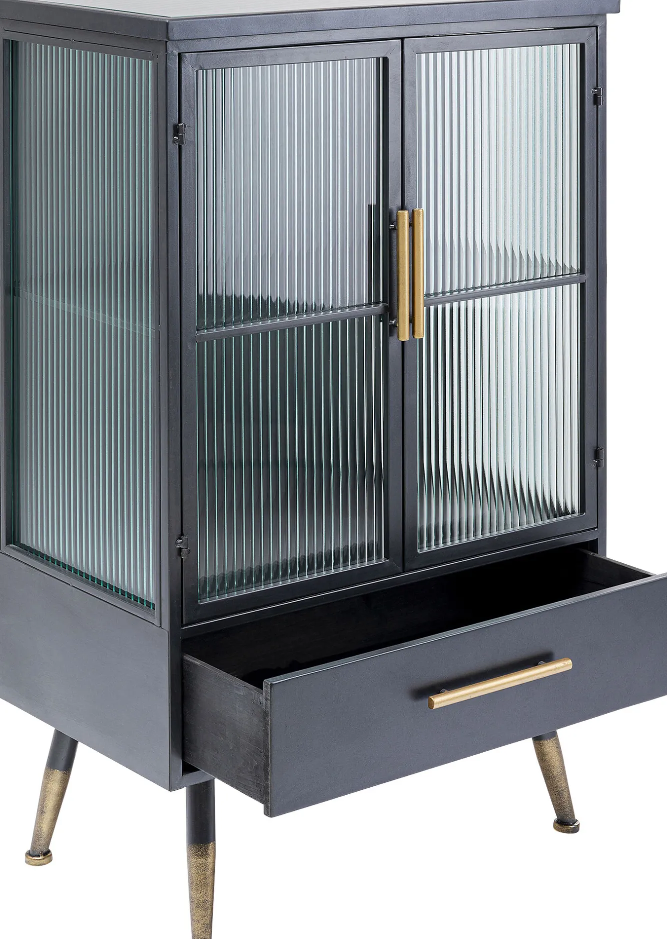 New KARE Design Komoda metalowa czarna grafitowa z przeszklonymi frontami złotymi uchwytami metalowymi nogami 65x38 cm - KARE