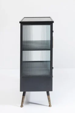 New KARE Design Komoda metalowa czarna grafitowa z przeszklonymi frontami złotymi uchwytami metalowymi nogami 65x38 cm - KARE
