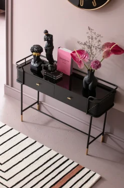 Outlet KARE Design Konsola z szufladami Fence 120x40 cm czarna - blat szklany - KARE