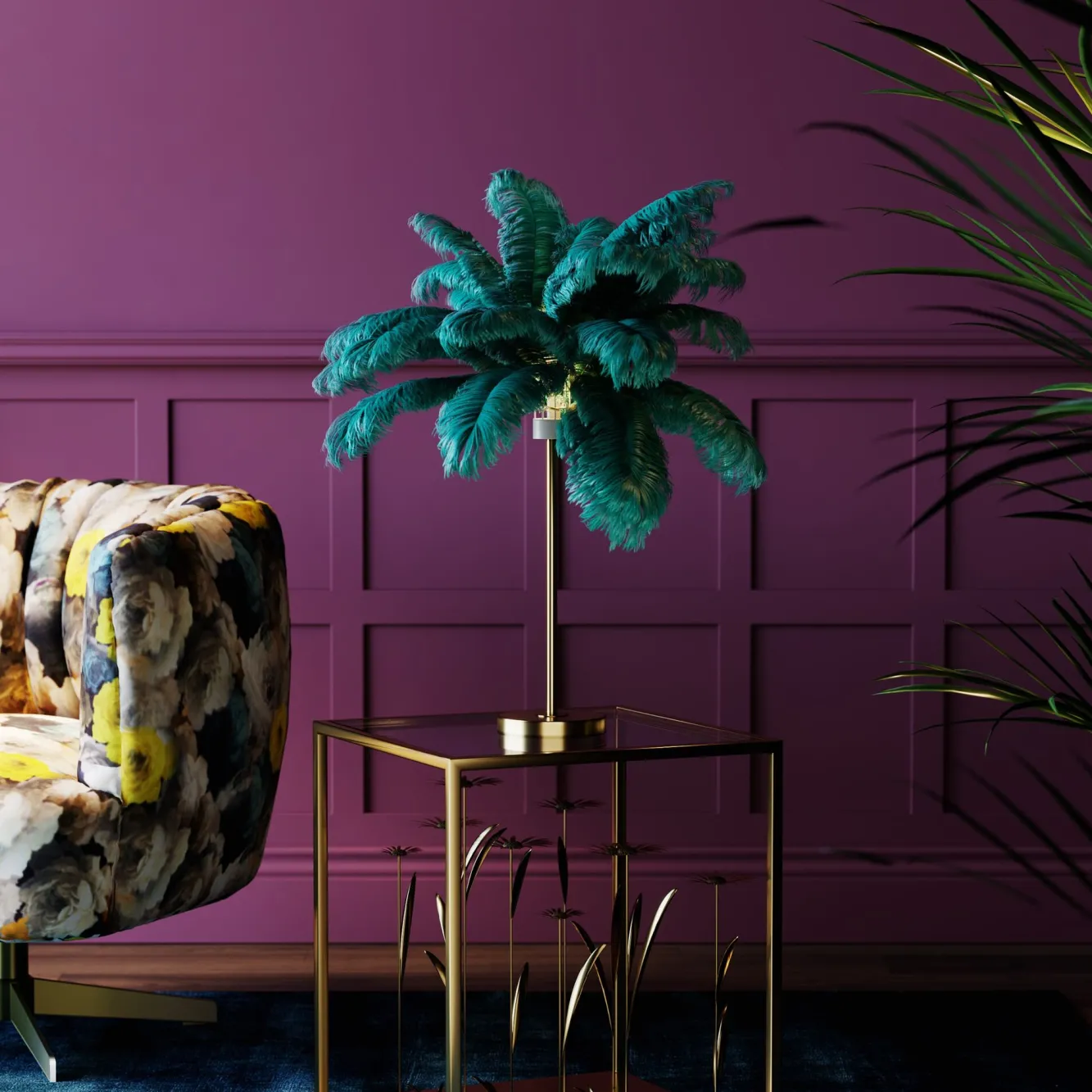 Fashion KARE Design Lampa stołowa palma zielona strusie pióra 60 cm podstawa złota - KARE