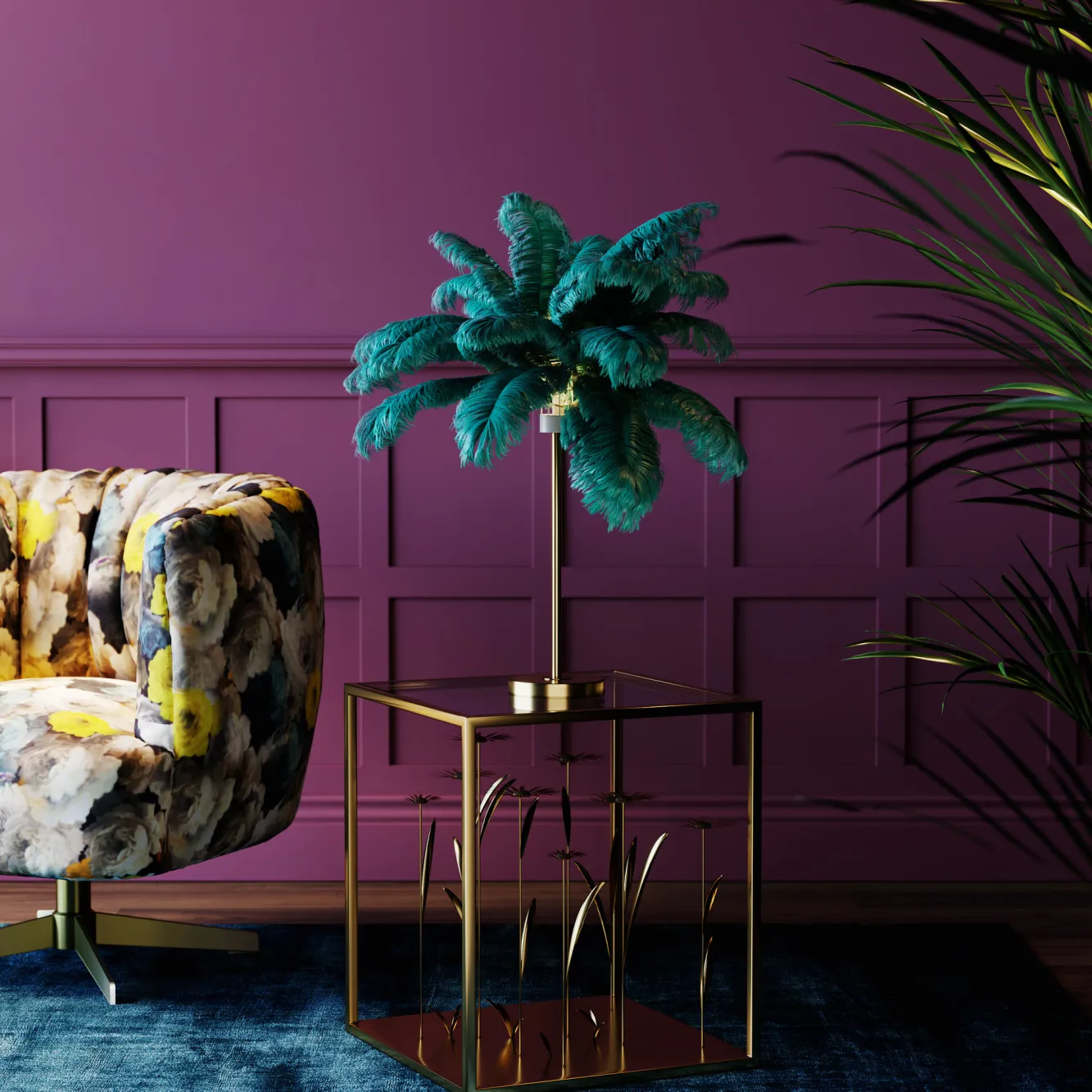 Fashion KARE Design Lampa stołowa palma zielona strusie pióra 60 cm podstawa złota - KARE