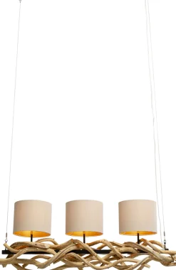 Hot KARE Design Lampa wisząca drewno naturalne i stal czarna 115 cm klosze lniane beżowe - KARE