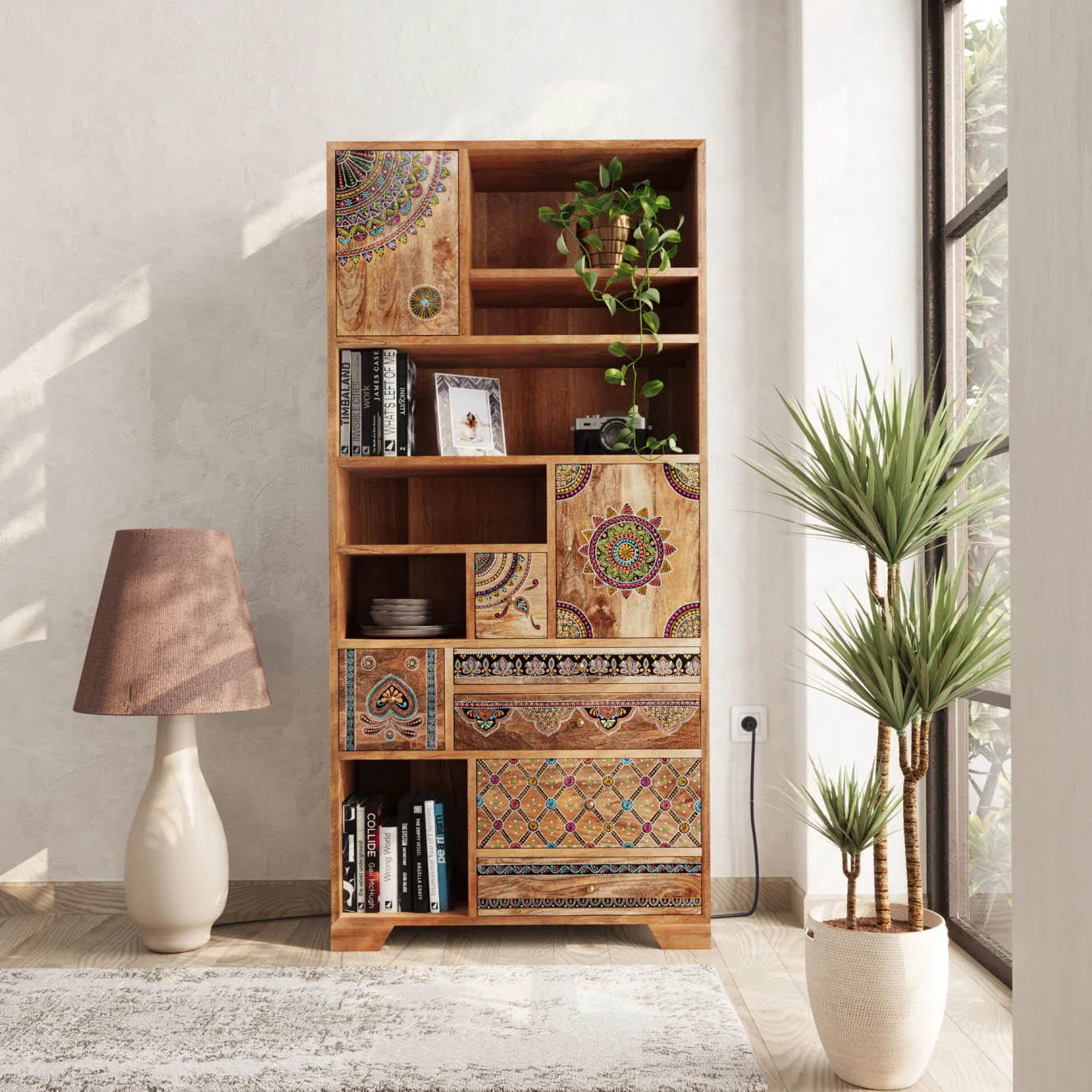 Clearance KARE Design Regał z półkami i schowkami drewno mango kolorowe ornamenty 90x193 cm - KARE