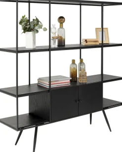 Discount KARE Design Regał ze schowkiem czarny półki fornir dębowy rama stalowa 180x183 cm - KARE