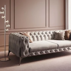 Clearance KARE Design Sofa 3-osobowa welurowa pikowana beżowa glamour 240 cm nogi czarne - KARE