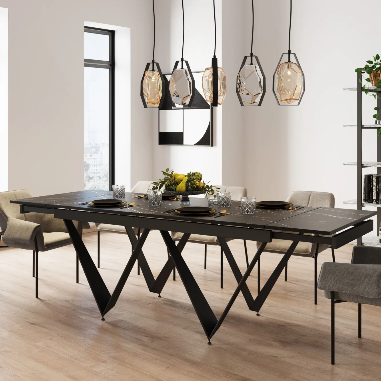 Discount KARE Design Stół rozkładany czarny blat ceramika nogi stalowe 180-260x90 cm - KARE