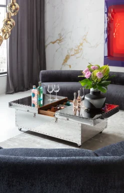 New KARE Design Stolik kawowy barek rozkładany srebrny na kółkach stal nierdzewna 120x75 cm - KARE