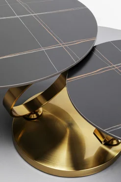 New KARE Design Stolik kawowy z obrotowymi okrągłymi blatami z ceramiki podstawa metalowa złota 133x80 cm - KARE