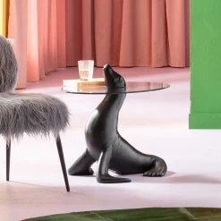Sale KARE Design Stolik pomocniczy blat szkło hartowane podstawa czarna lew morski Ø50 cm - KARE