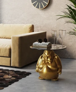 Clearance KARE Design Stolik pomocniczy blat szkło hartowane podstawa złota zawodnik sumo Ø54 cm - KARE