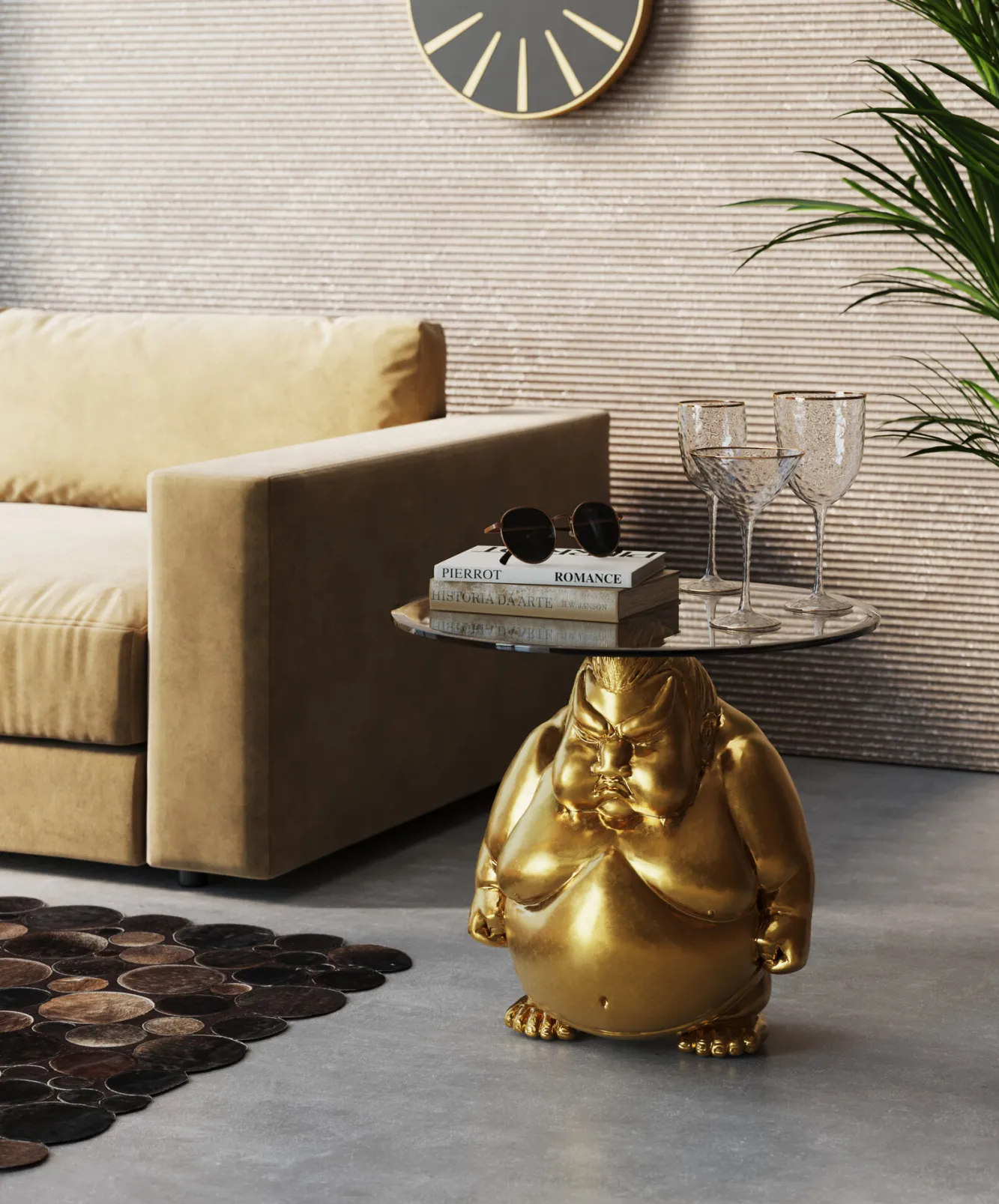 Clearance KARE Design Stolik pomocniczy blat szkło hartowane podstawa złota zawodnik sumo Ø54 cm - KARE