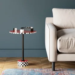 Fashion KARE Design Stolik pomocniczy czerwony MDF i stal Ø40x50 cm szachownica - KARE