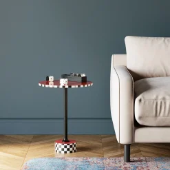 Fashion KARE Design Stolik pomocniczy czerwony MDF i stal Ø40x50 cm szachownica - KARE