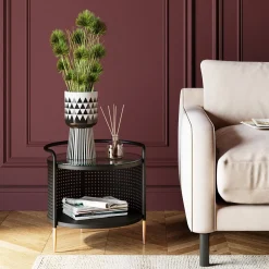 Discount KARE Design Stolik pomocniczy Fence Ø45 cm czarny - blat szklany - KARE