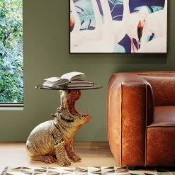 Outlet KARE Design Stolik pomocniczy złoty hipopotam blat szklany Ø48xH60 cm - KARE