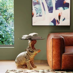 Outlet KARE Design Stolik pomocniczy złoty hipopotam blat szklany Ø48xH60 cm - KARE