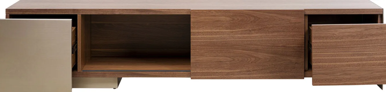 Clearance KARE Design Szafka RTV brązowa fornirowana 2 szuflady i drzwi przesuwne 200x42 cm - KARE