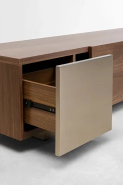 Clearance KARE Design Szafka RTV brązowa fornirowana 2 szuflady i drzwi przesuwne 200x42 cm - KARE