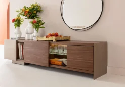 Clearance KARE Design Szafka RTV brązowa fornirowana 2 szuflady i drzwi przesuwne 200x42 cm - KARE