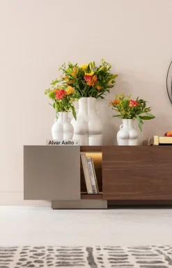 Clearance KARE Design Szafka RTV brązowa fornirowana 2 szuflady i drzwi przesuwne 200x42 cm - KARE