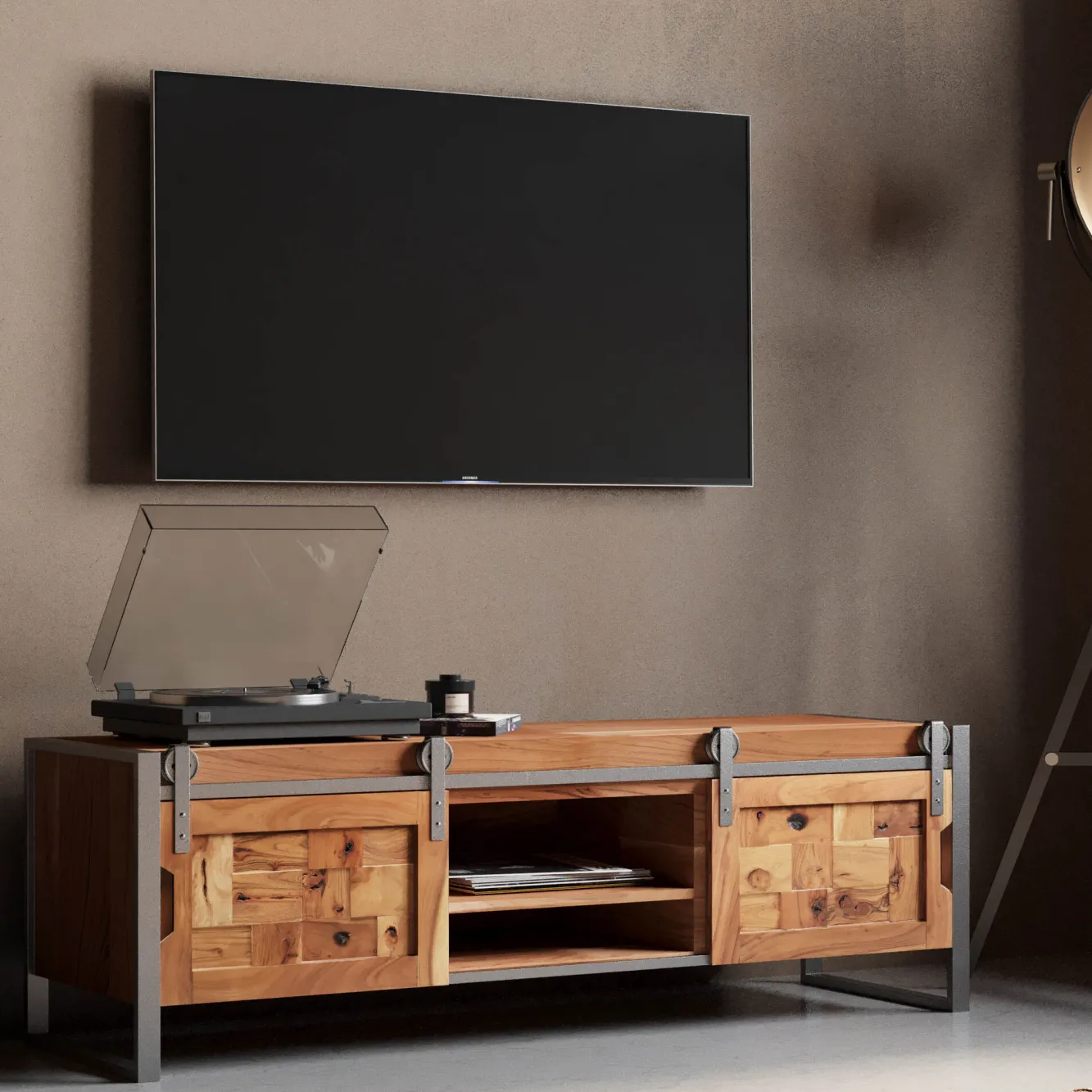 Sale KARE Design Szafka RTV drzwi przesuwne drewno akacjowe nogi stalowe 145x45 cm - KARE