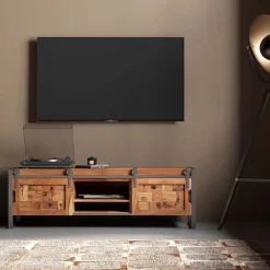 Sale KARE Design Szafka RTV drzwi przesuwne drewno akacjowe nogi stalowe 145x45 cm - KARE