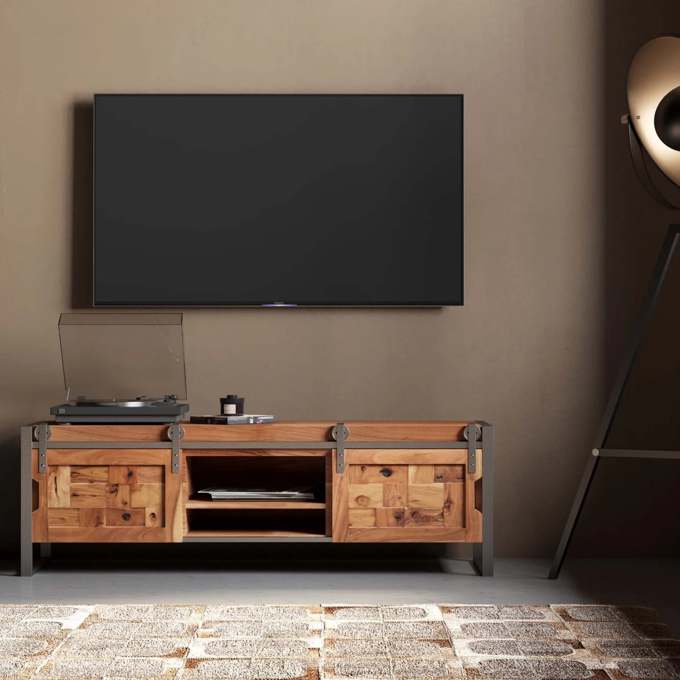 Sale KARE Design Szafka RTV drzwi przesuwne drewno akacjowe nogi stalowe 145x45 cm - KARE