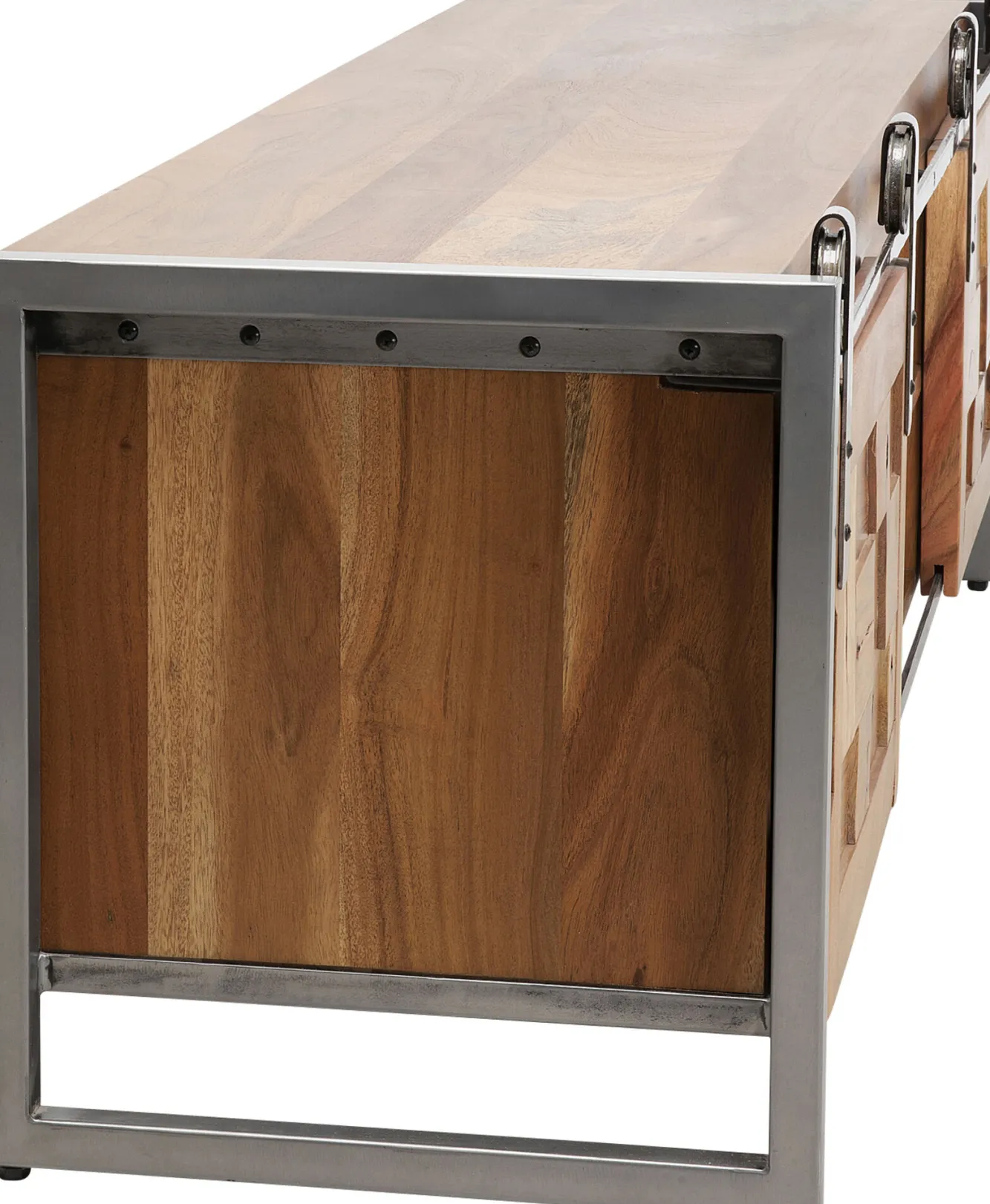 Sale KARE Design Szafka RTV drzwi przesuwne drewno akacjowe nogi stalowe 145x45 cm - KARE