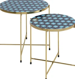 Sale KARE Design Zestaw dwóch stolików Priya złote - blaty niebieskie ze wzorem - KARE