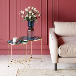 Sale KARE Design Zestaw dwóch stolików Priya złote - blaty niebieskie ze wzorem - KARE