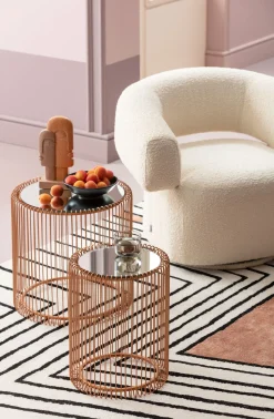 Fashion KARE Design Zestaw dwóch stolików Wire Copper miedziane - blaty lustrzane - KARE
